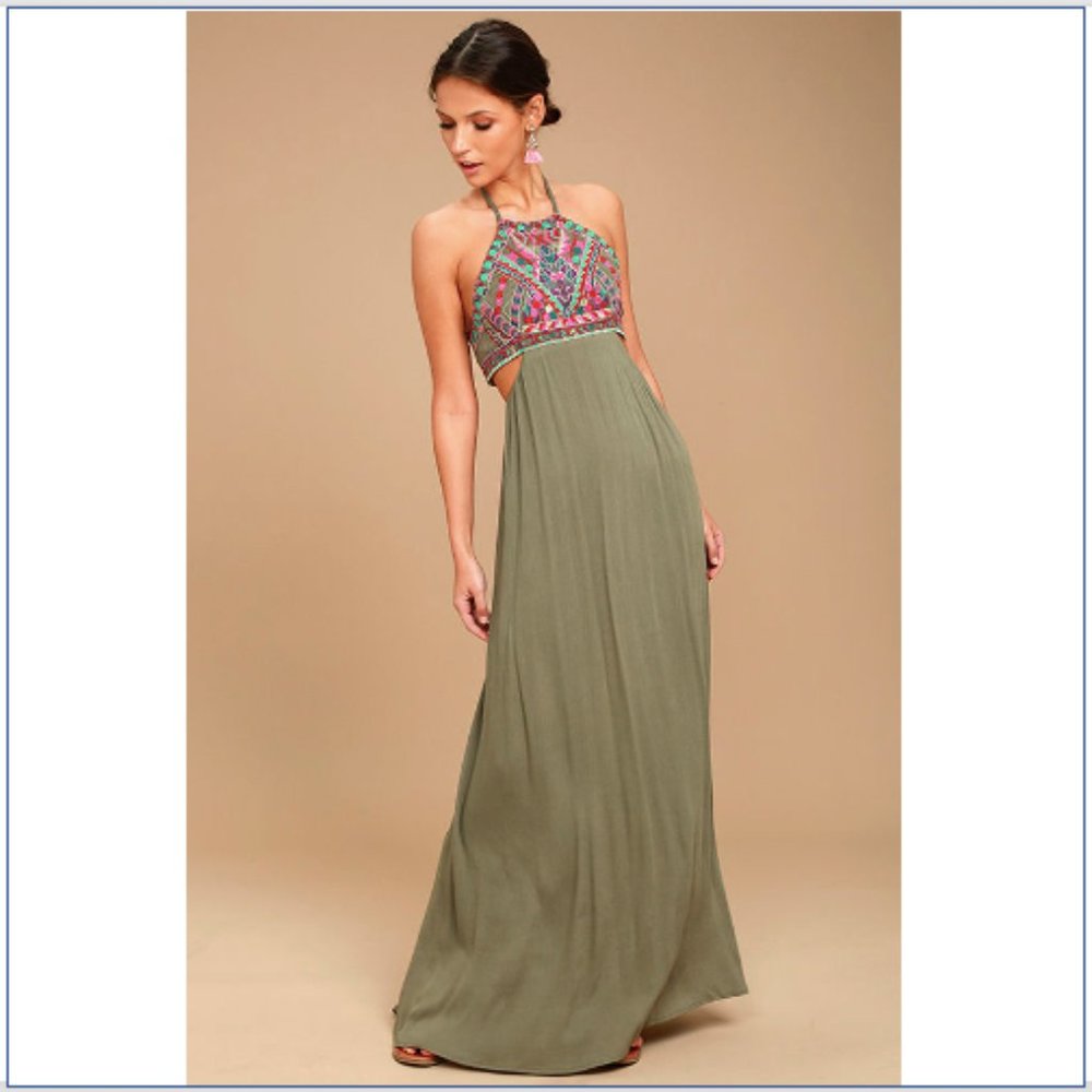 Lulus Olive Green Embroidered Maxi Dress
